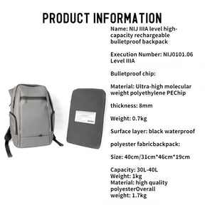 American standard genuine NIJ IIIA class large-capacity rechargeable bulletproof backpack